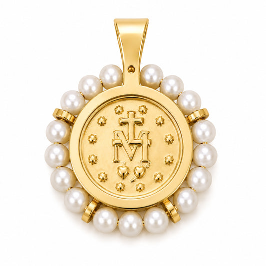A gold pendant featuring a central circular medallion with an engraved monogram and cross, surrounded by a border of white pearls on a white background.