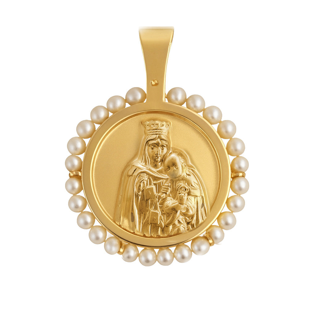 14K Gold Round Scapular Medal With Mini Pearl Frame | BOS Jewelers ...