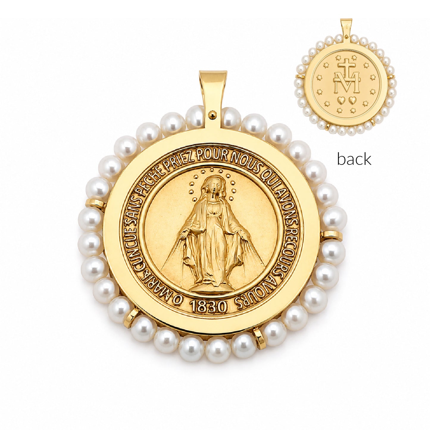 Large Round Miraculous Medal With Mini Pearls Pendant-23mm