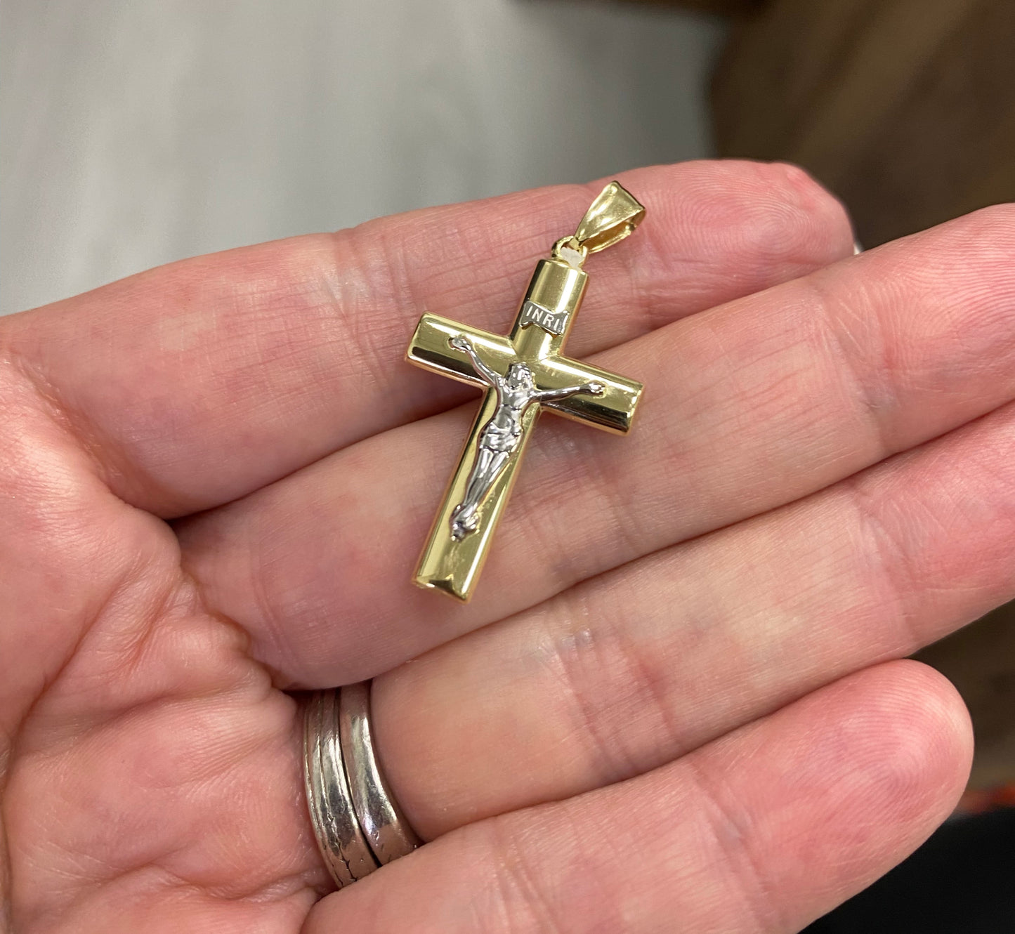 Domed Two-Tone Crucifix Cross with Jesus Christ