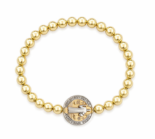 Two-Tone 14K Gold St. Benedict Medal Gold Filled Bead Elastic Bracelet-17.5mm