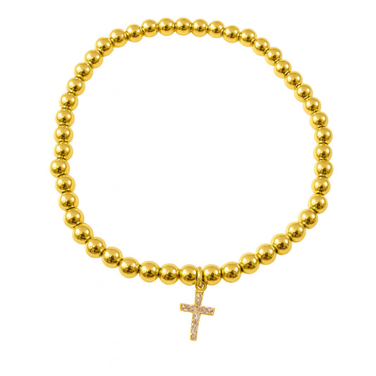Cubic Zirconia Cross Elastic Gold Filled Bead Bracelet