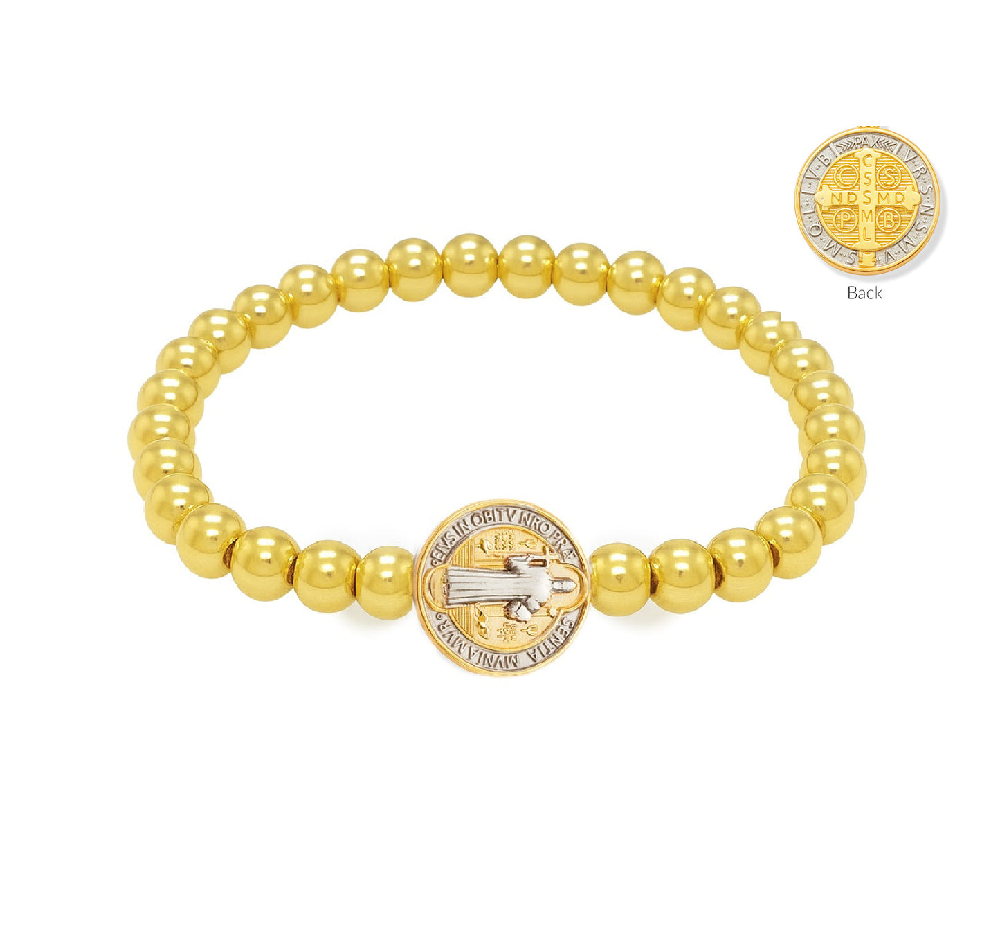 Saint Benedict Medal Gold Filled Bead Elastic Bracelet 14mm