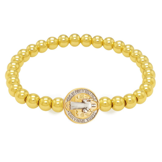 Saint Benedict Medal Gold Filled Bead Elastic Bracelet 14mm