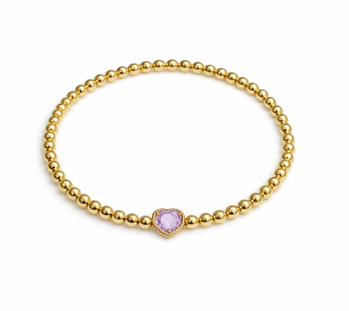Beaded Elastic Bracelet with Amethyst or Blue Topaz Heart Center