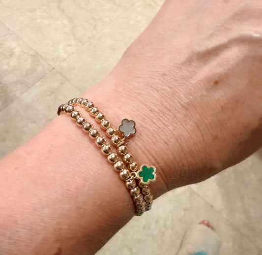 Beaded Mother of Pearl or Malachite Flower Dangle Charm Elastic Bracelet