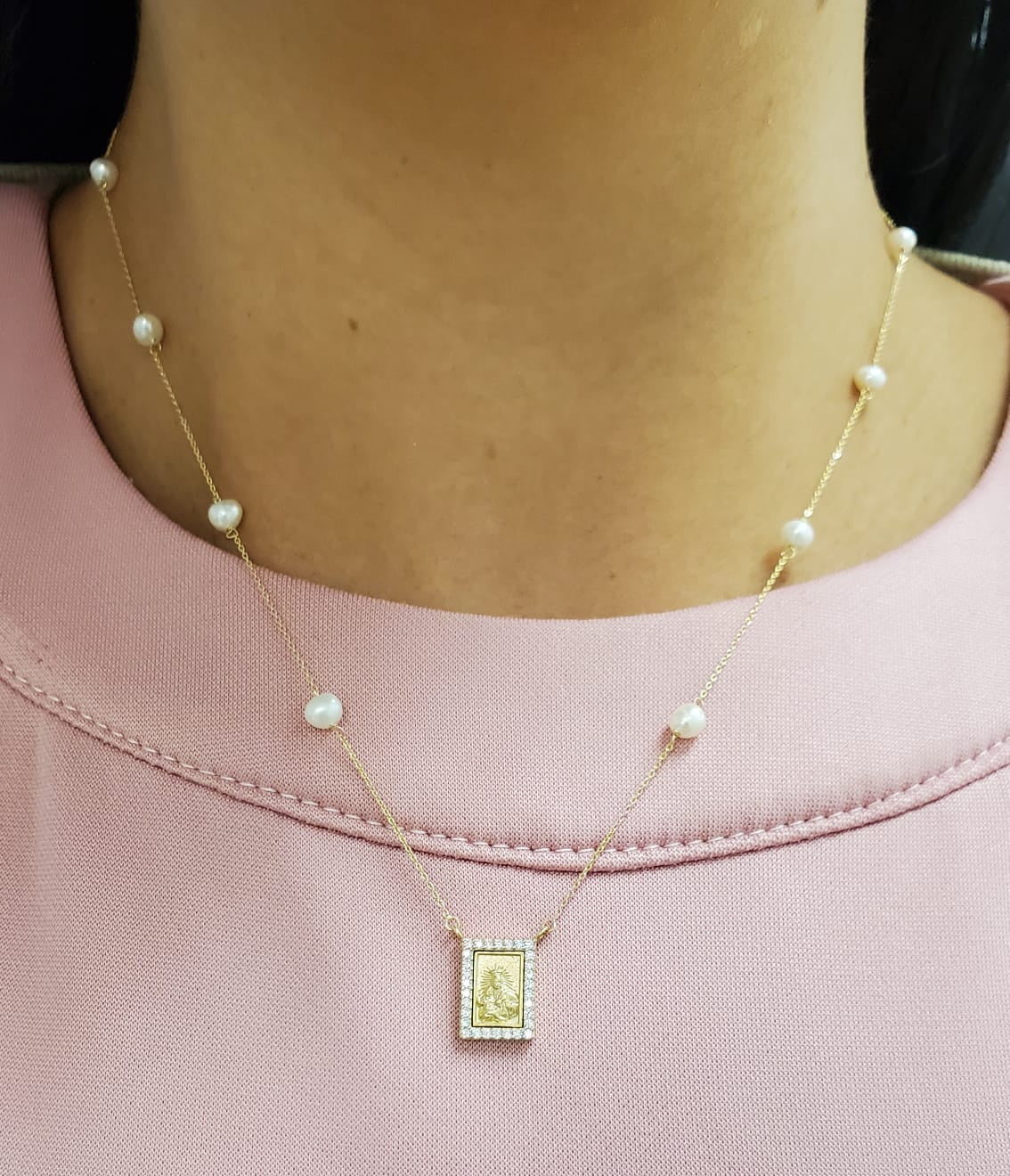 Small Scapular Medal with Cubic Zirconia On Pearl Necklace