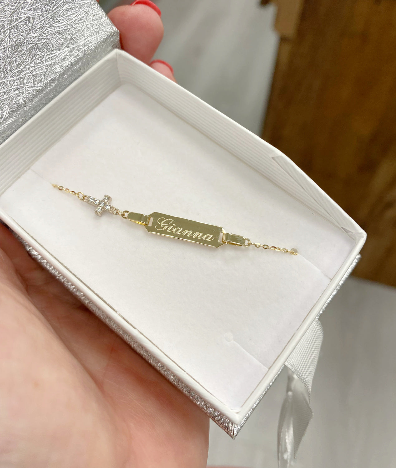 Baby ID bracelet with Cubic Zirconia Accent Cross