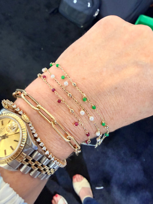 Red/Green Agate Color Stone Dangle And Bead Station Bracelet