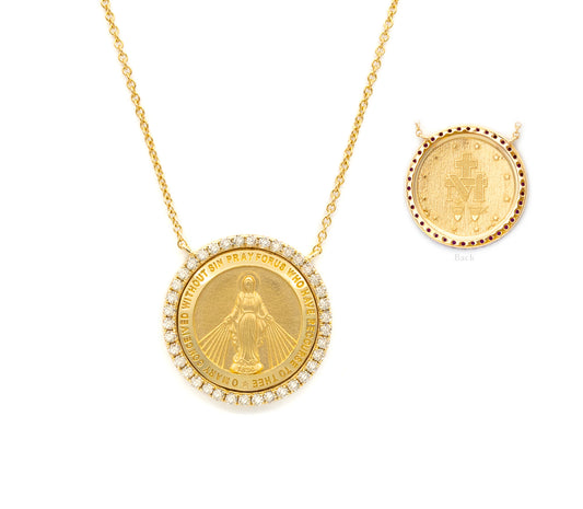 Round Diamond Miraculous Medal Necklace 14K Gold