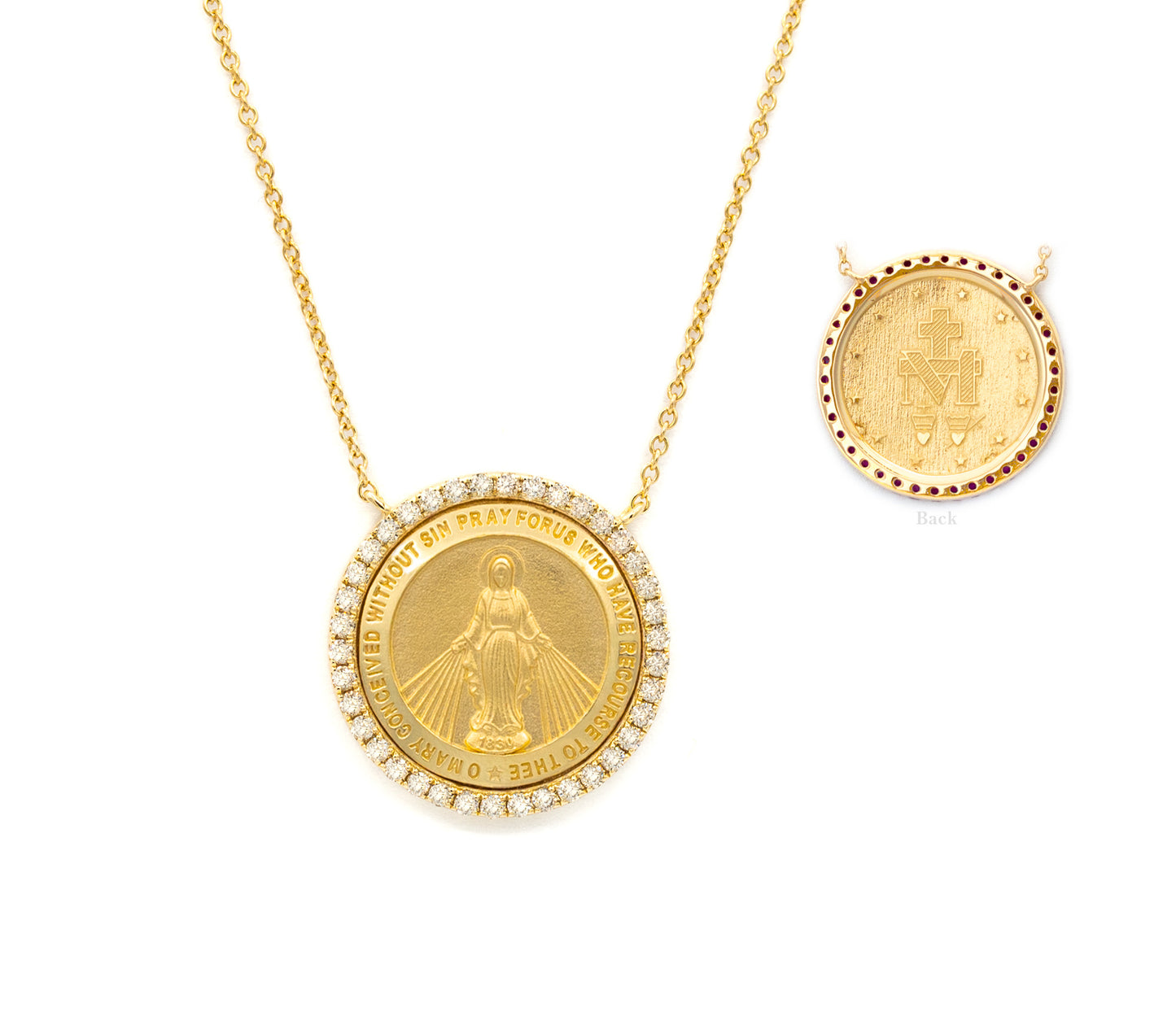 Round Diamond Miraculous Medal Necklace 14K Gold