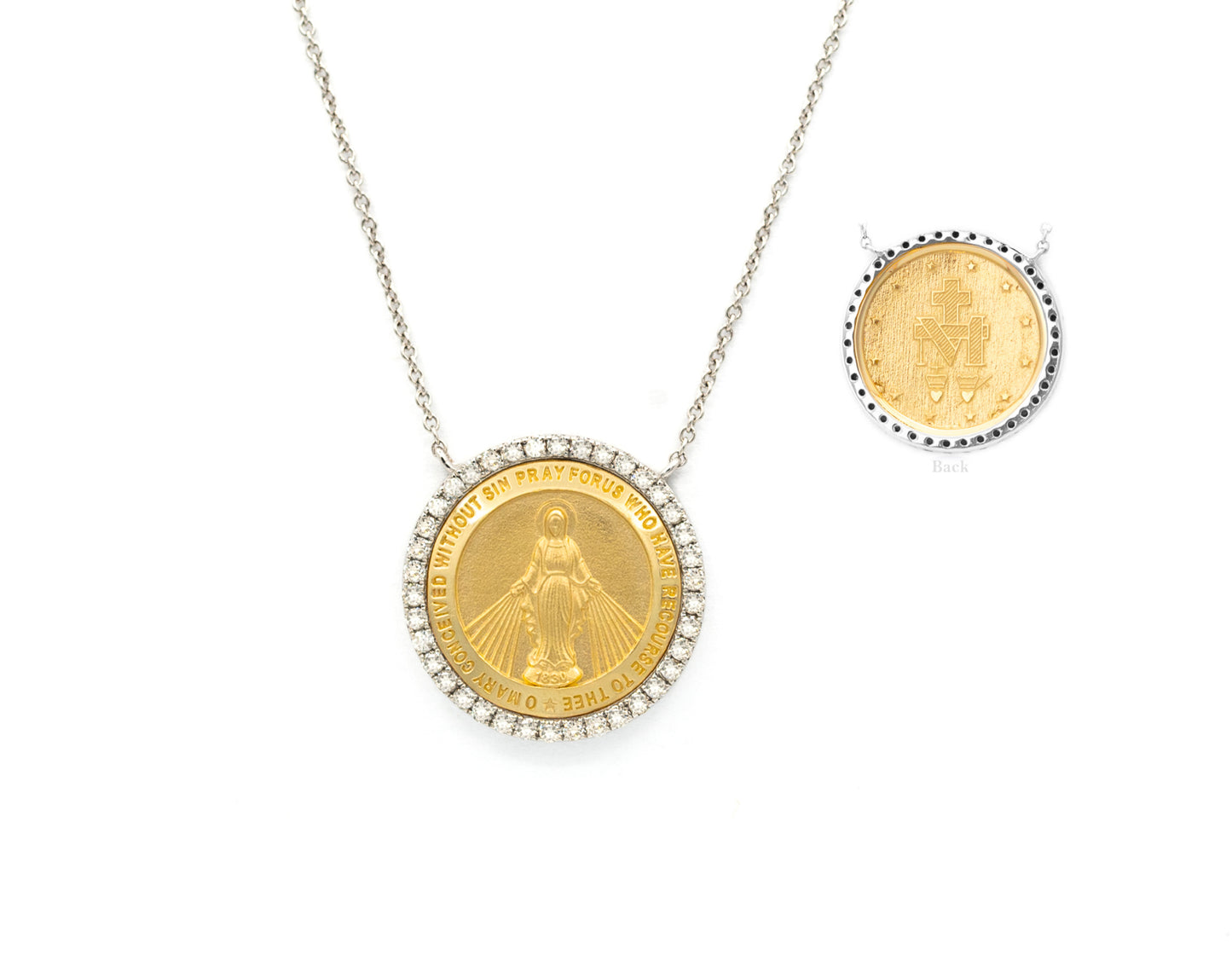 Round Diamond Miraculous Medal Necklace 14K Gold