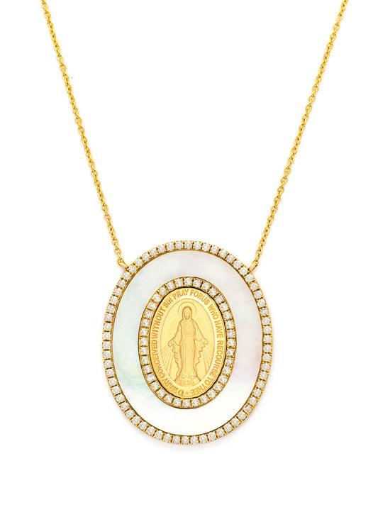 Large Oval Inlaid Gemstone and Diamond Miraculous Medal