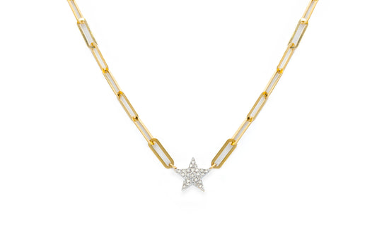 14K two tone puff star diamond necklace