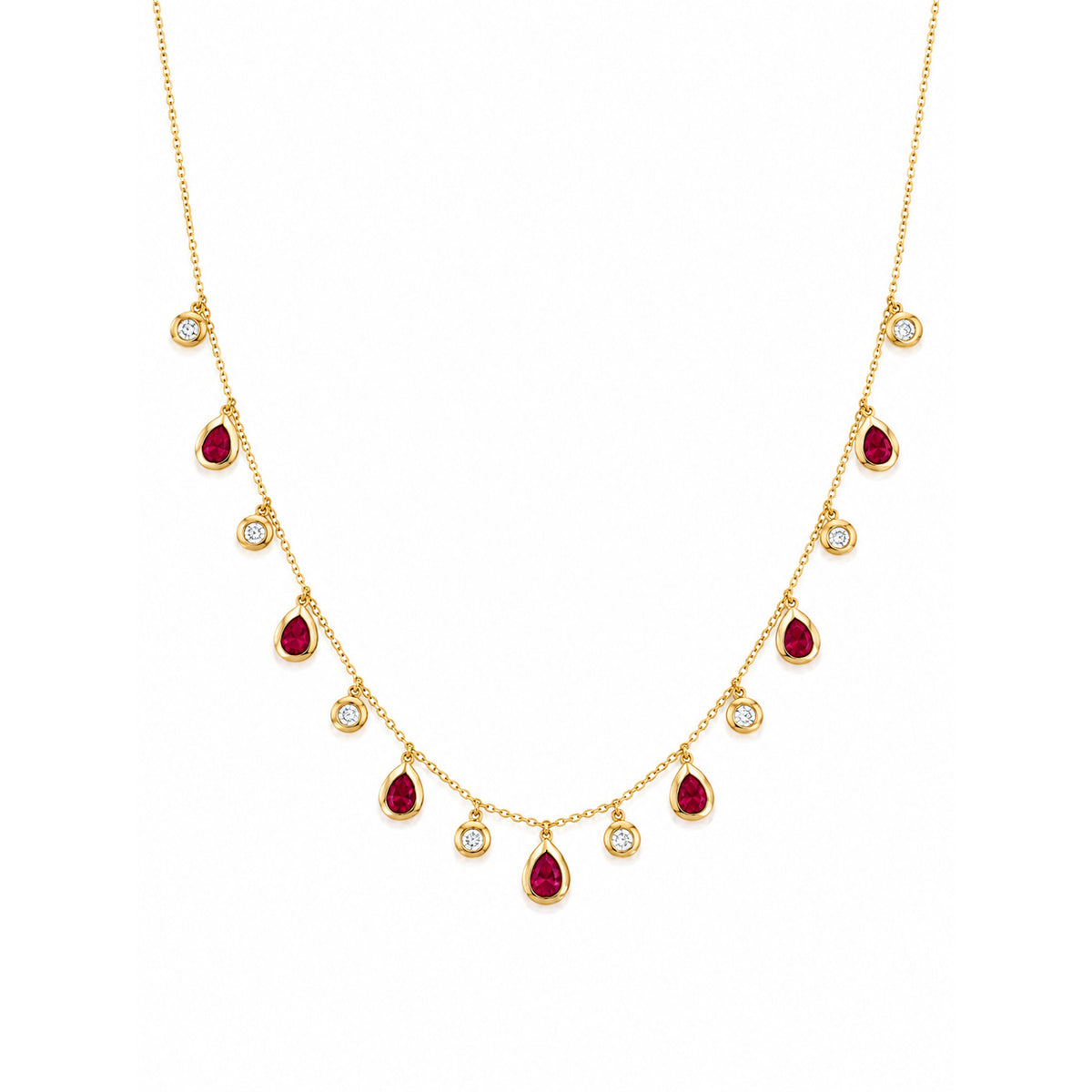 Gold necklace with red gemstones on a white background
