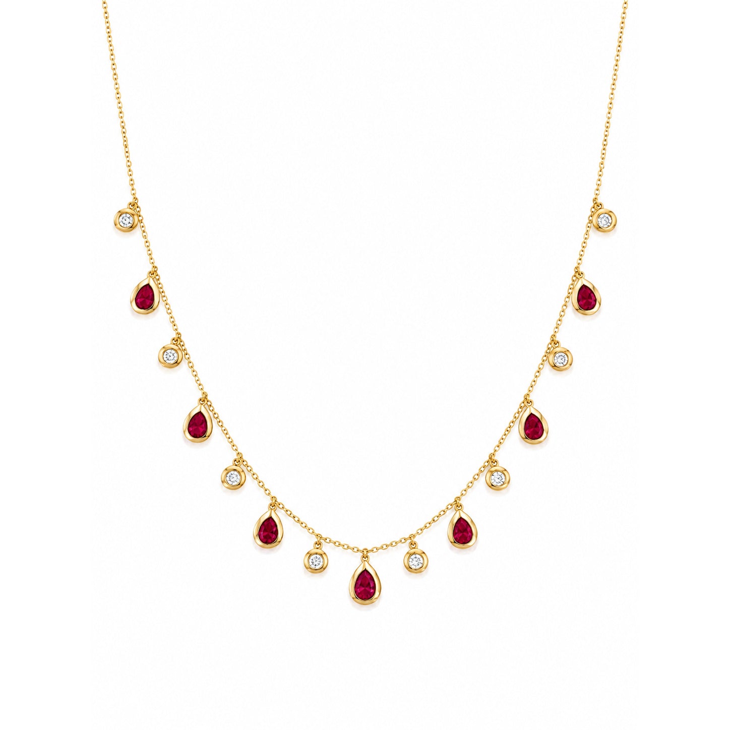 Gold necklace with red gemstones on a white background