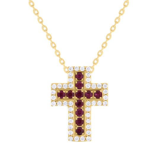 Chunky Channel Pave Color Stone Diamond Cross Necklace