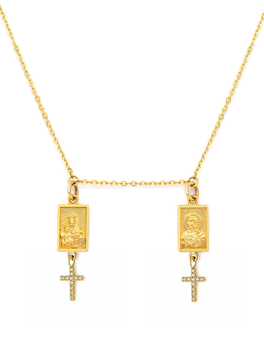 14K Yellow Gold Double Scapular Necklace with Diamond Crosses