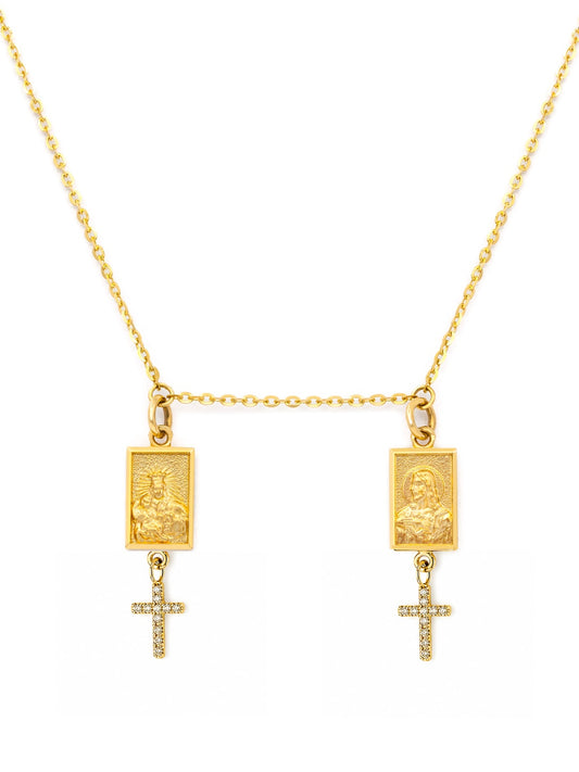 14K Yellow Gold Double Scapular Necklace with Diamond Crosses