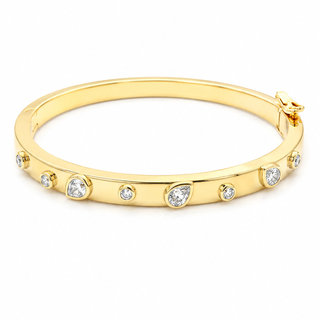 A polished yellow gold hinged bangle bracelet adorned with small bezel-set round and pear-cut diamond gemstones, shown on a plain white background.