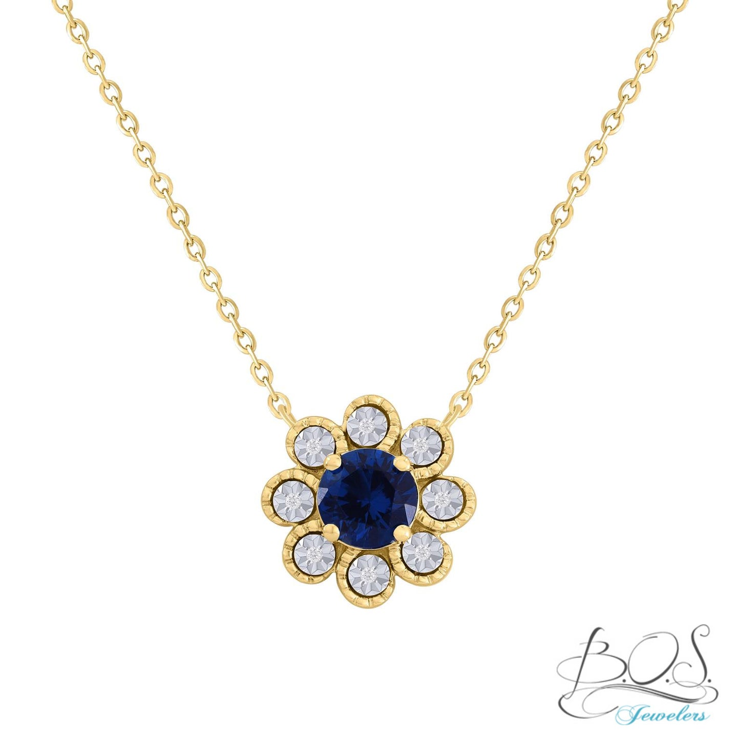 14K Gold Flower Diamond Necklace with Color Stone in the middle
