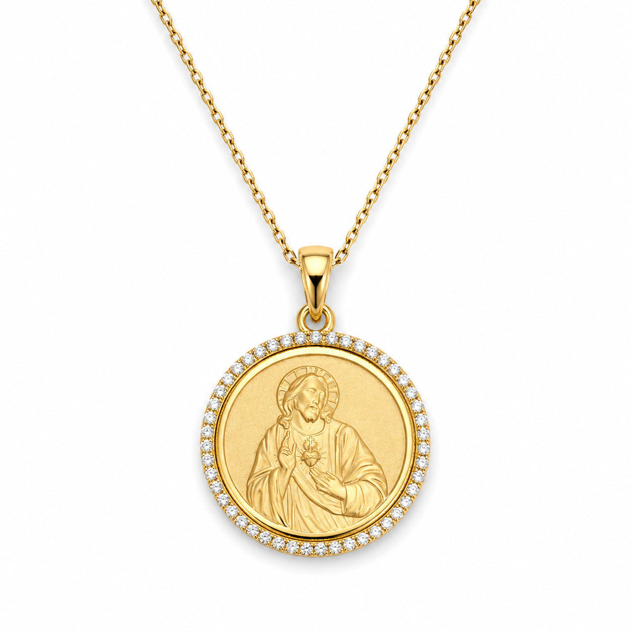 14K Yellow Gold Diamond Sacred Heart of Jesus Medal Necklace