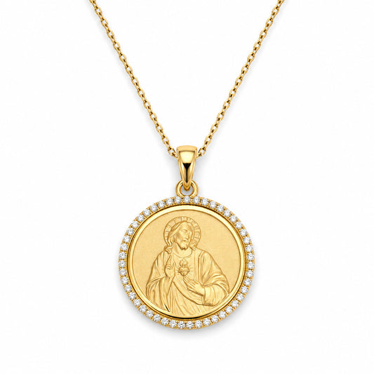 14K Yellow Gold Diamond Sacred Heart of Jesus Medal Necklace