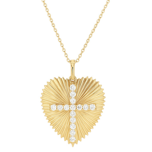 Large Radiating Gold Heart Medallion With Diamond Cross Necklace