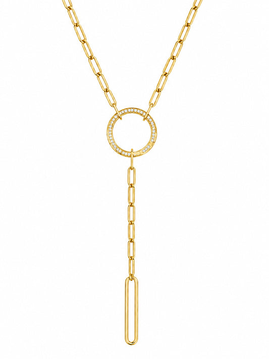 14K Yellow Gold Diamond Carabiner Paperclip Lariat Necklace