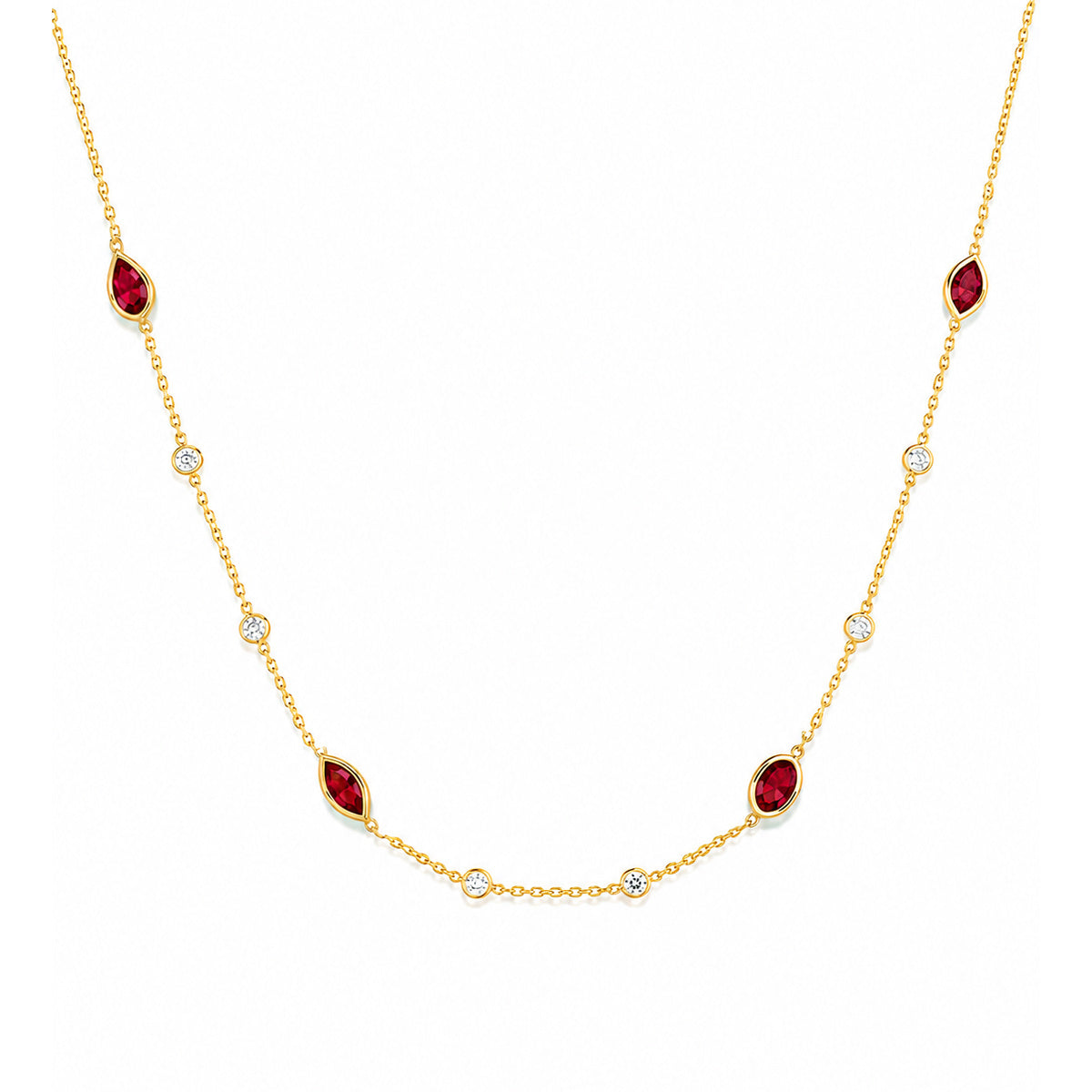 14K yellow gold multi-shape natural ruby and diamond station necklace with bezel-set gemstones