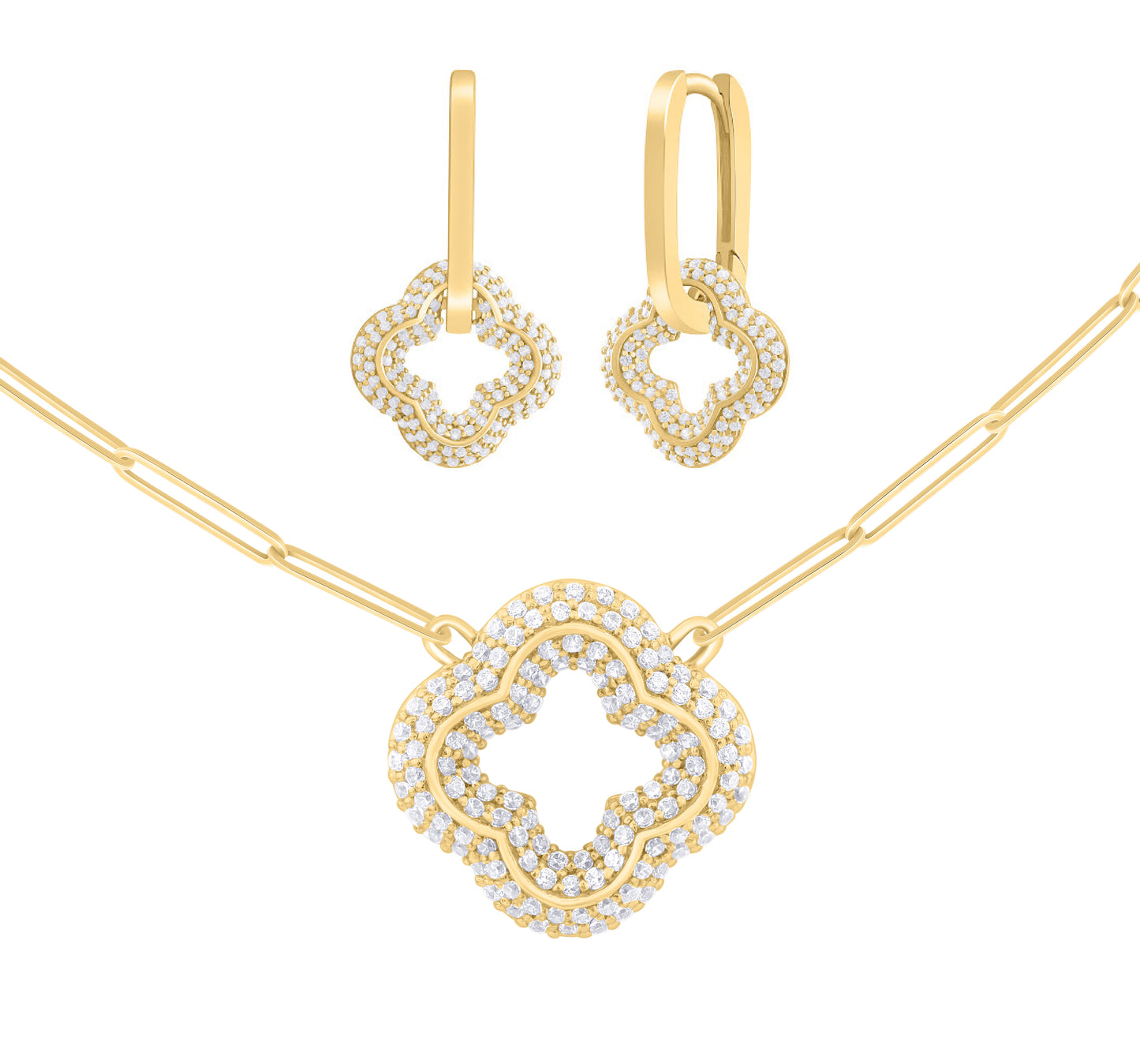 Clover Diamond Pave Paper Clip Earrings and Necklace Gift Set