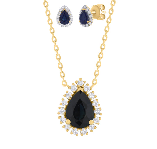 14K Gold Diamond Flower with Blue Sapphire Gift Set