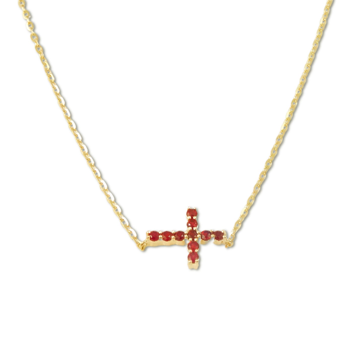 14K Gold Color Stone Side Cross Necklace