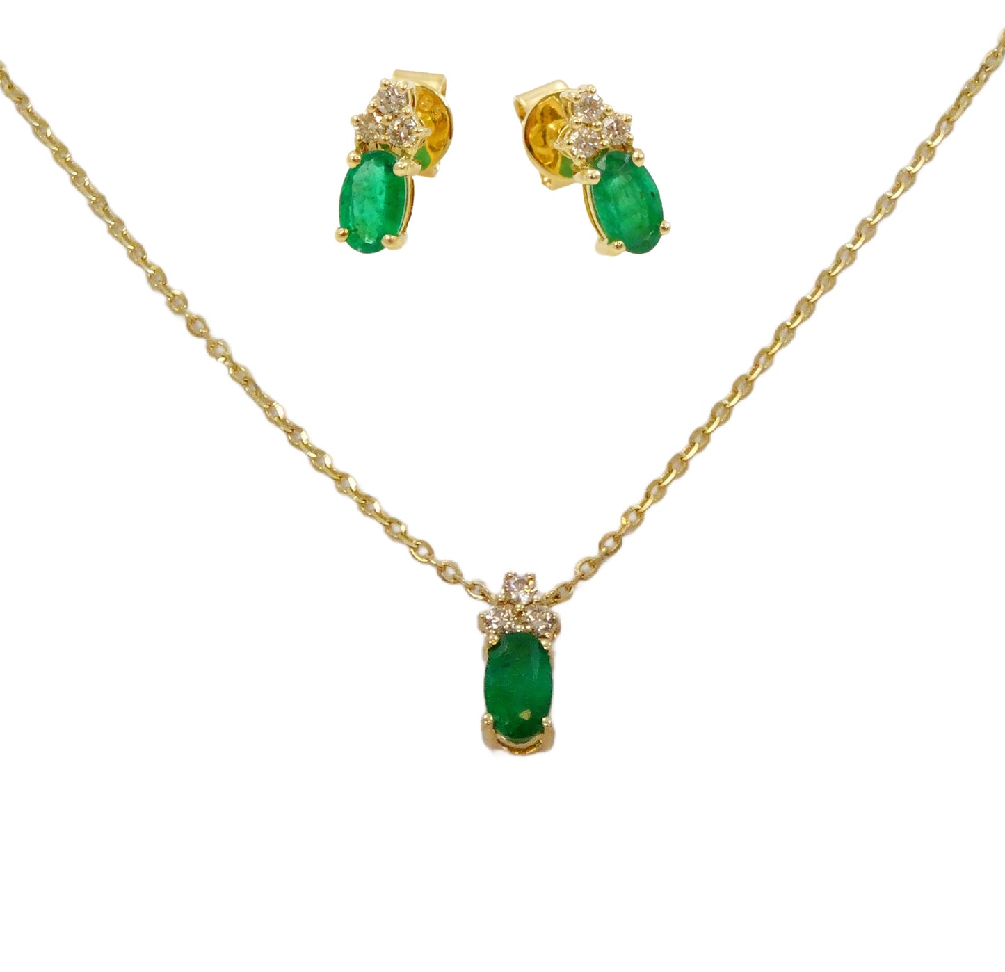 14K Gold Trio Diamond with Oval Shape Emerald Set