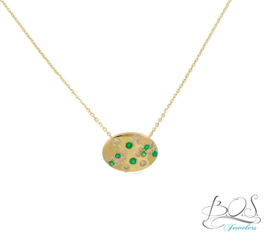 14K Gold Oval Pendant with Diamonds and Color Stone