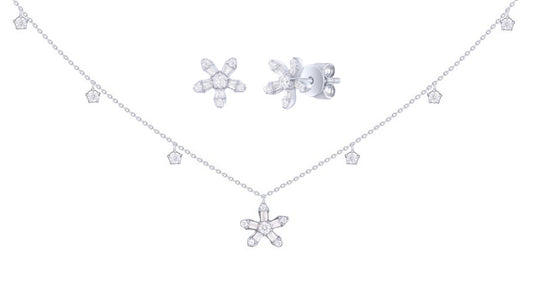 Mini Diamond Baguette Flower Earrings and Necklace Gift Set 14K White Gold