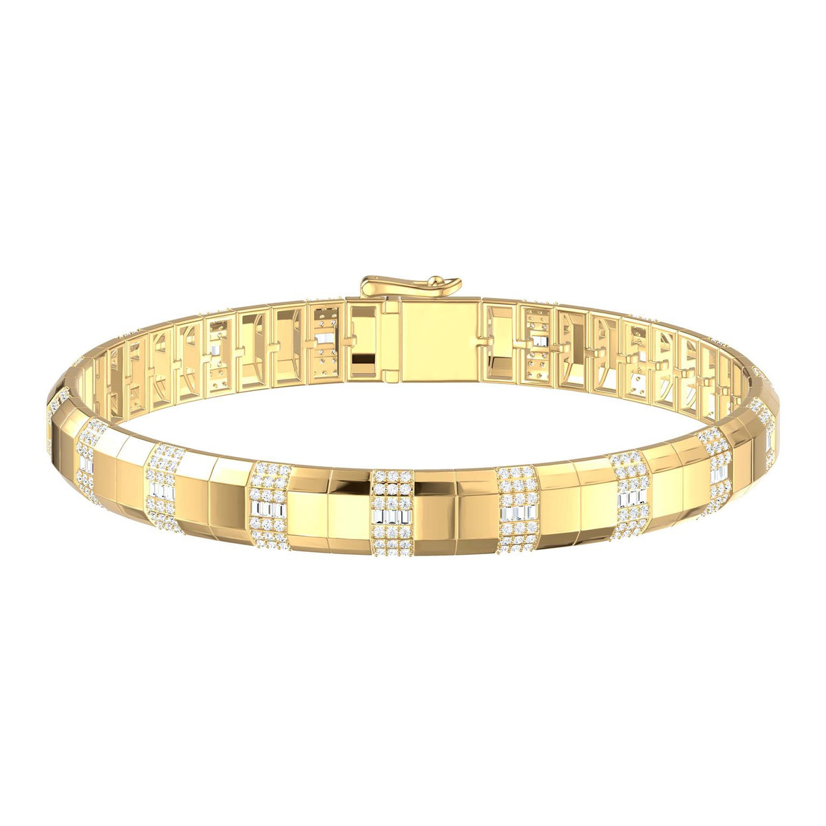 A 14K gold contemporary wide tennis bracelet with rectangular block links and rows of channel set diamond baguettes and pavé-set round diamonds, shown on a plain white background.