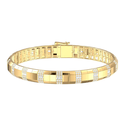 A 14K gold contemporary wide tennis bracelet with rectangular block links and rows of channel set diamond baguettes and pavé-set round diamonds, shown on a plain white background.