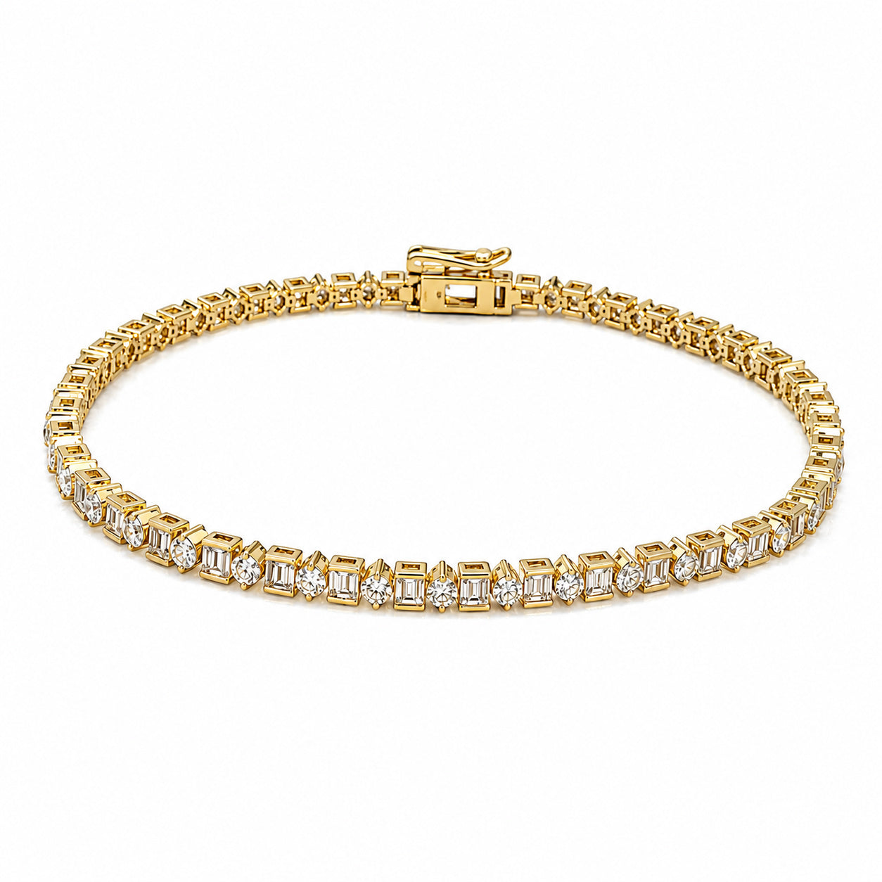 A 14K yellow gold tennis bracelet featuring baguette-cut and round cut natural diamond gemstones in a continuous row, displayed on a clean white background.