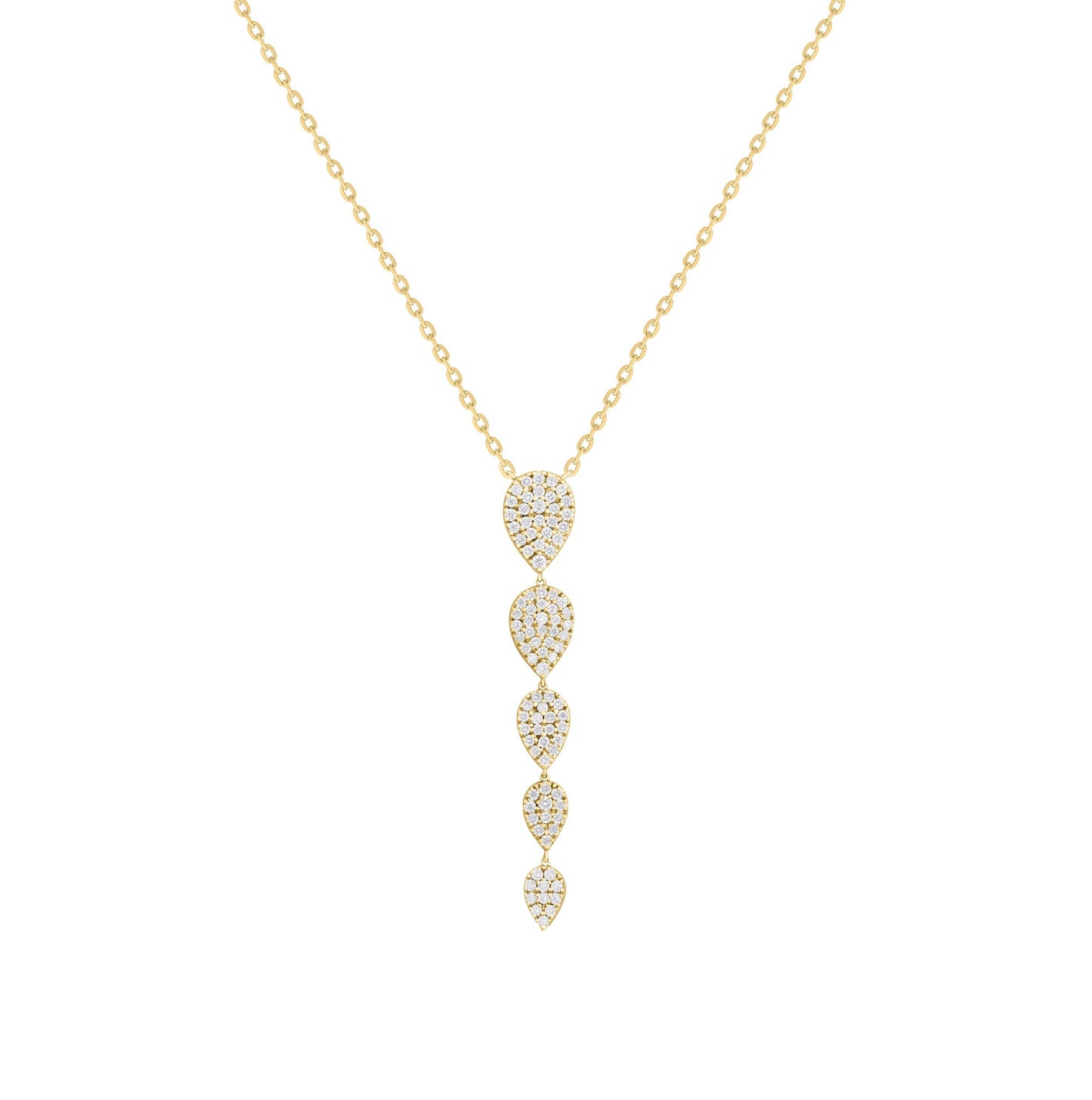 14K Gold Graduated Pear Diamond Pave Drop Lariat Necklace