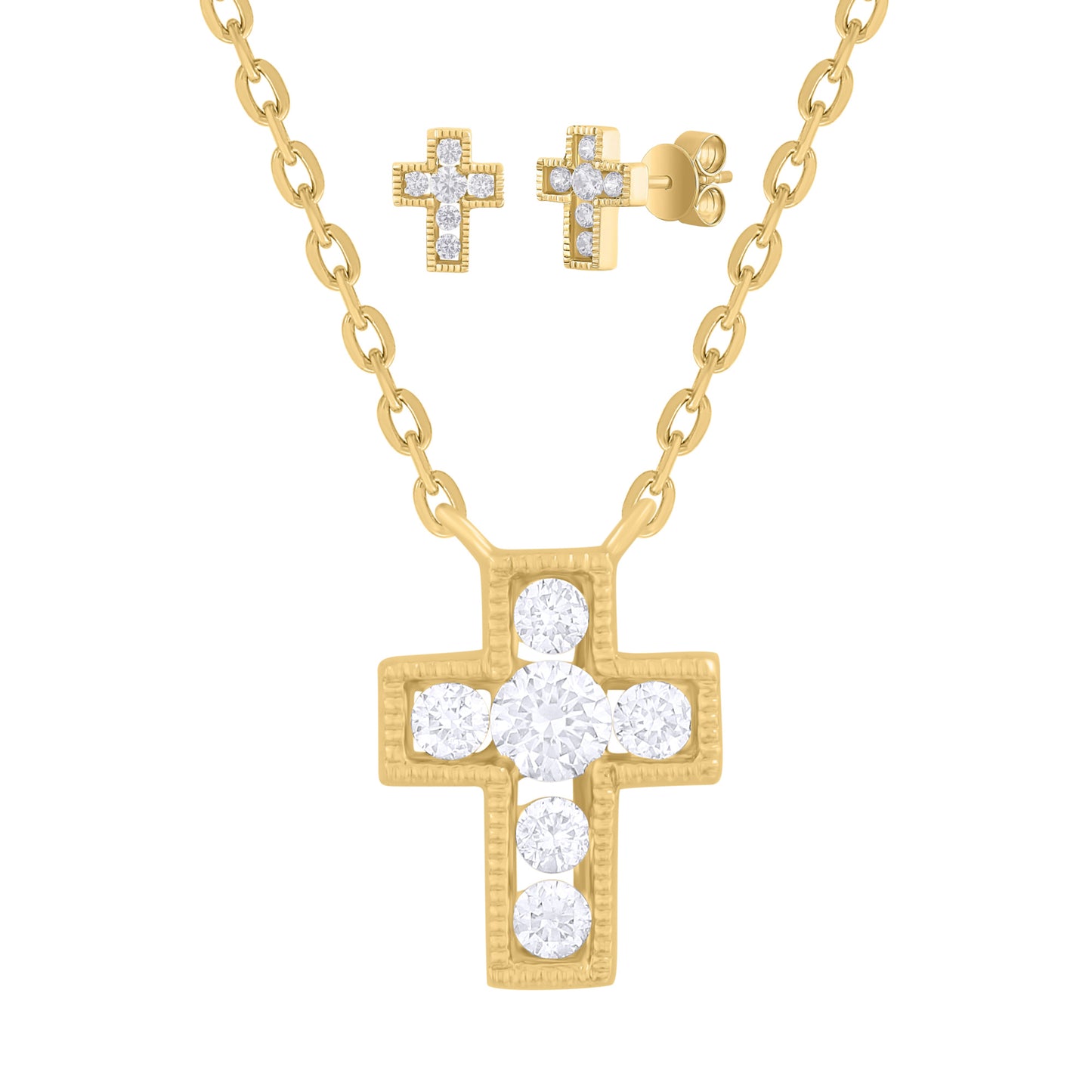 Mini Diamond Pave Cross Earrings and Necklace Gift Set