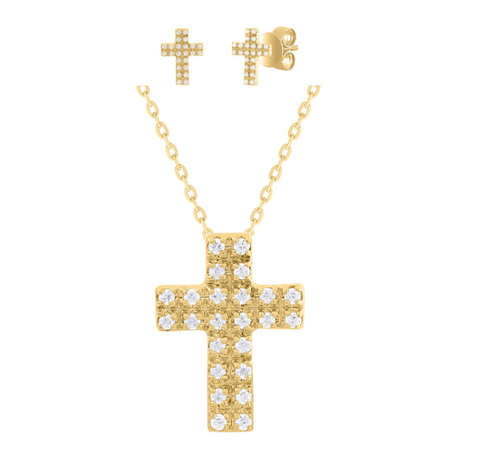 Diamond Pave Mini Cross Earrings and Necklace Gift Set