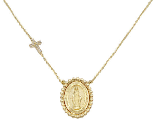 Small Beaded Miraculous Medal Necklace with a Diamond Accent Cross