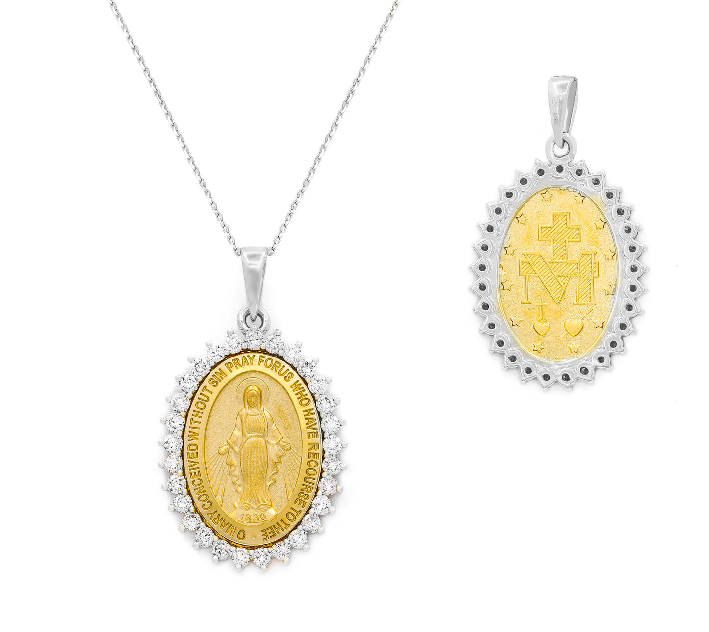 Large Diamond Miraculous Medal Necklace 27X21mm