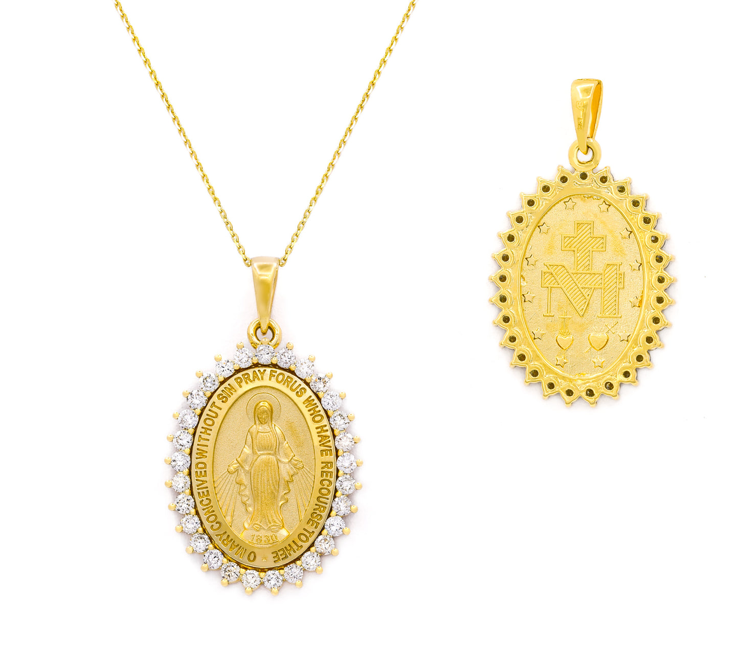 Large Diamond Miraculous Medal Necklace 27X21mm