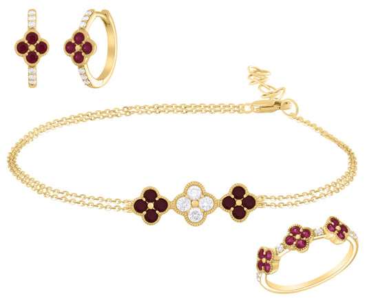 Clover Ruby And Diamond Earring, Bracelet and Ring Gift Set