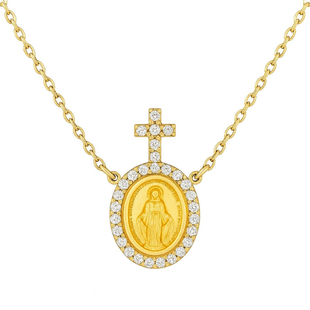 Diamond Halo Petite Miraculous Medal Necklace with Beacon Cross