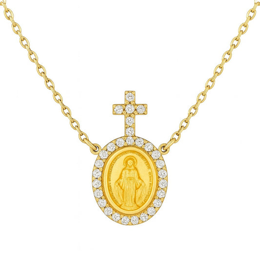 Diamond Halo Petite Miraculous Medal Necklace with Beacon Cross