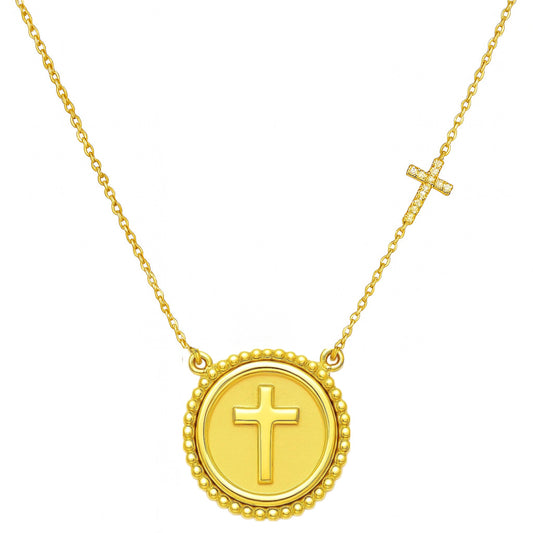 Beaded Cross Medal Necklace with Diamond Accent Cross