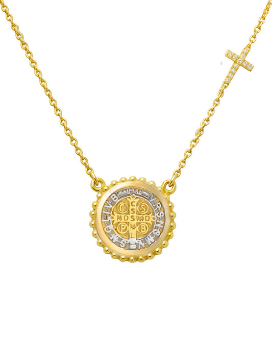 Beaded Border Mini Saint Benedict Medal with Mini Diamond Accent Cross Necklace